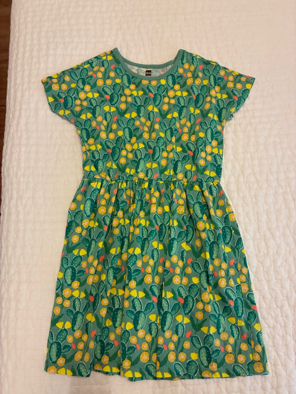 Tea Collection Green Cactus Print Casual Dress with Yellow and Pink Accents